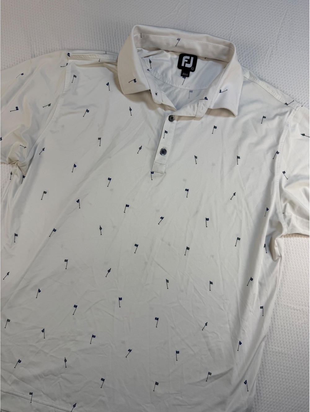FootJoy Flag Banner Print Golf Polo Men's L White Blue Performance Stretch